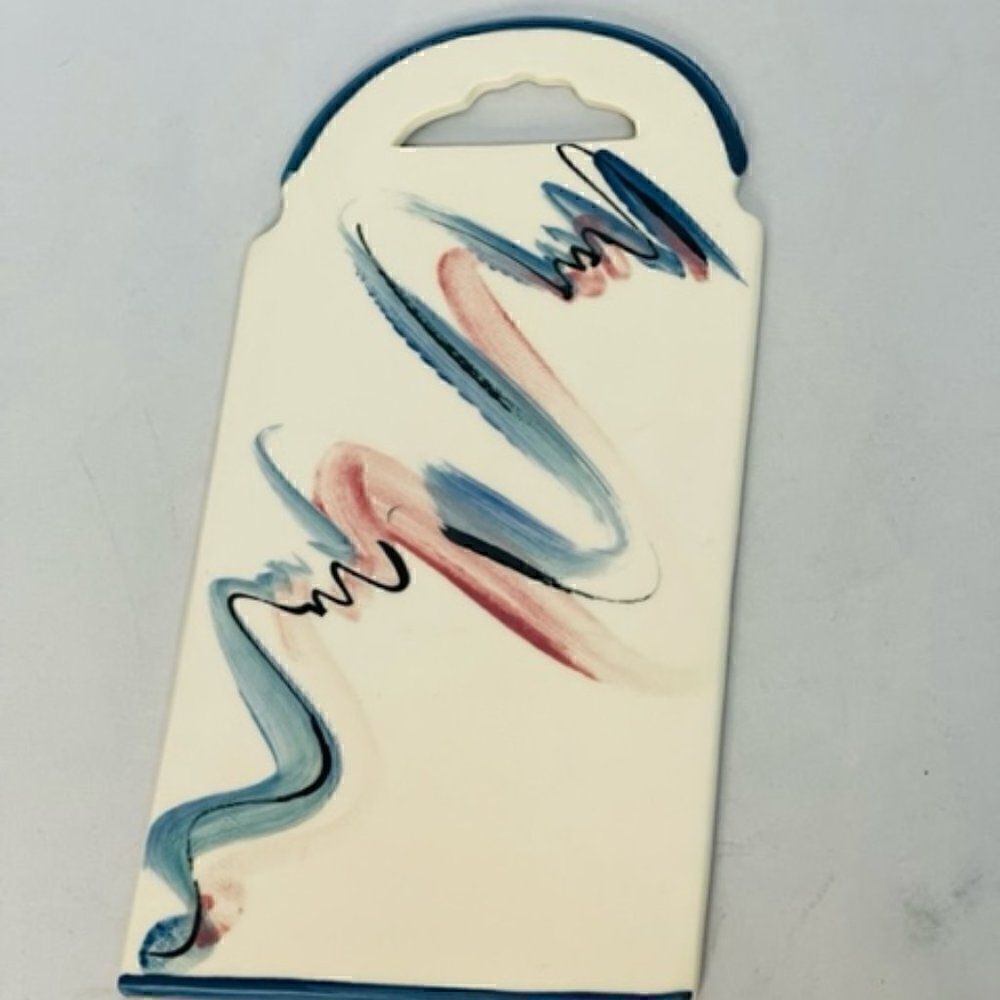 Ceramic Cheese Board Abstract Art Signed Michael SW Blue White Pink 10" Very Goo
